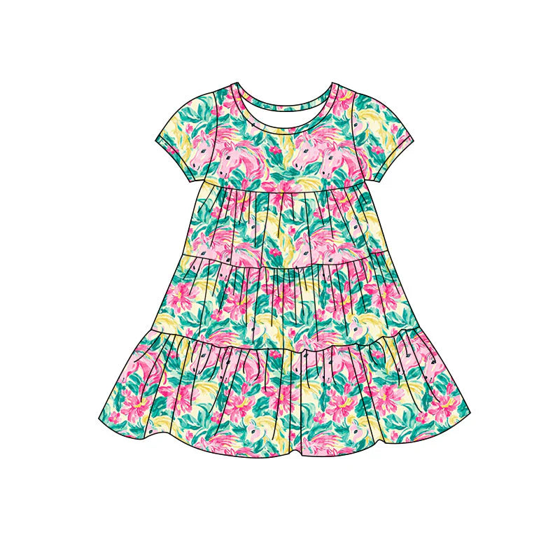 X11.22Preorder(moq 5) Baby Girls Horses Floral Patchwork Ruffle Knee Length Dresses