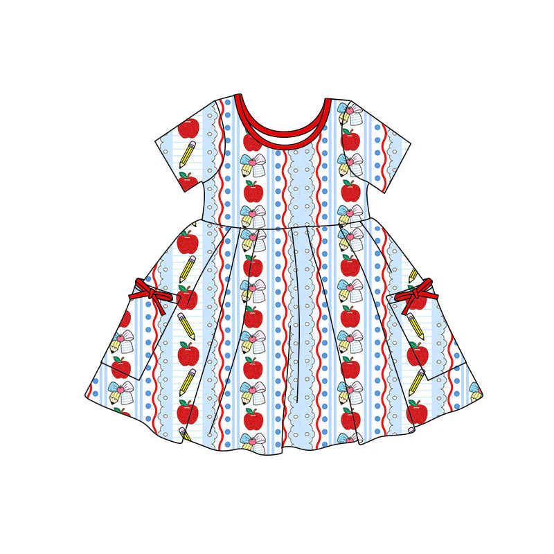 X11.22Preorder(moq 5) Baby Girls Apples Pencil Bows Stripe Pockets Back to School Knee Length Dresses