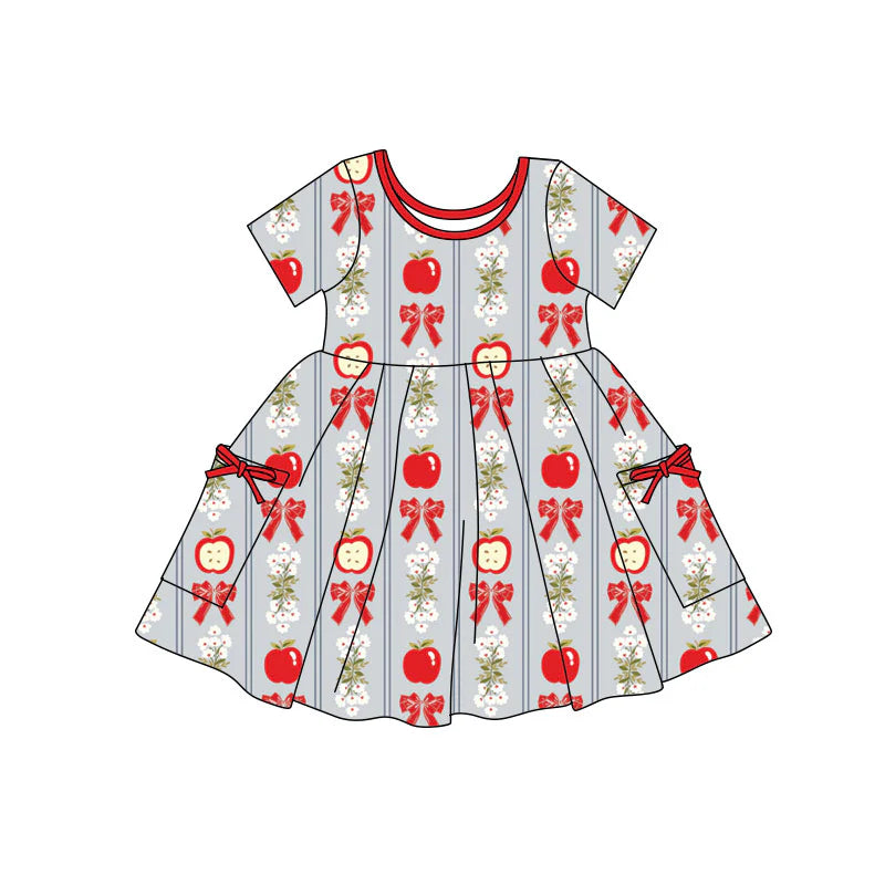 X11.22Preorder(moq 5) Baby Girls Apples Bows Checked Pockets Back to School Knee Length Dresses
