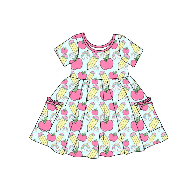 X11.21Preorder(moq 5) Baby Girls Apples Pencils Pockets Back to School Knee Length Dresses