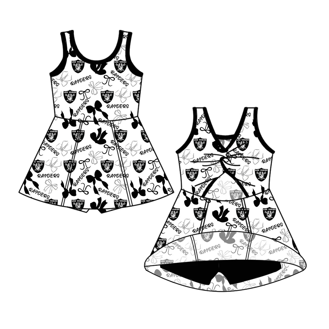 6.30Preorder (moq 5)Baby Girls Sleeveless Black Bows Plaid Raiders Shorts Team Knee Length Dresses