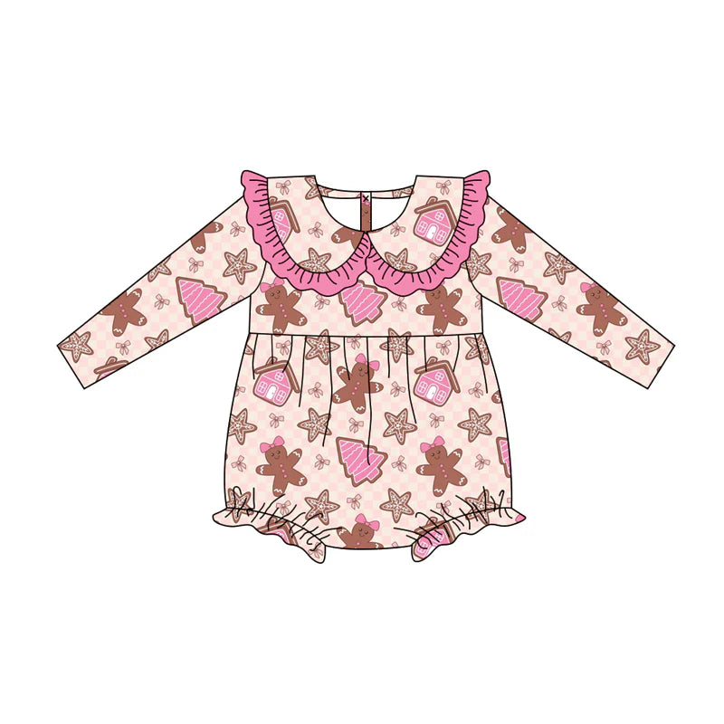 7.12Preorder (moq 5)Baby Girls Long Sleeves Gingerbread Trees Plaid Ruffle Pant Romper