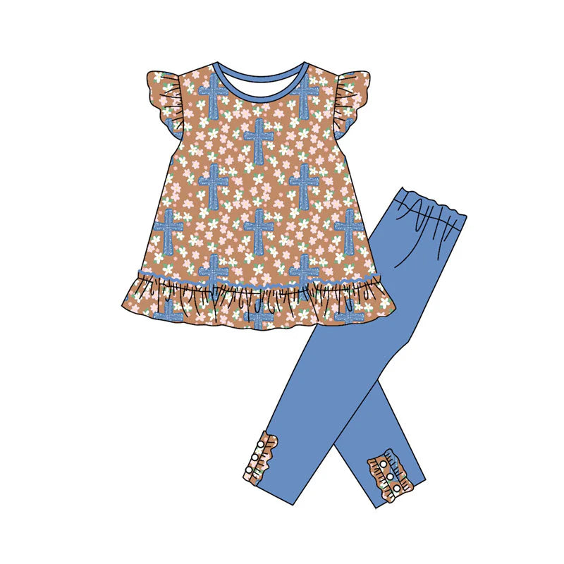 X923Preorder (moq 5)Baby Girls Flowers Crosses Tunic Leggings Easter Clothes Sets