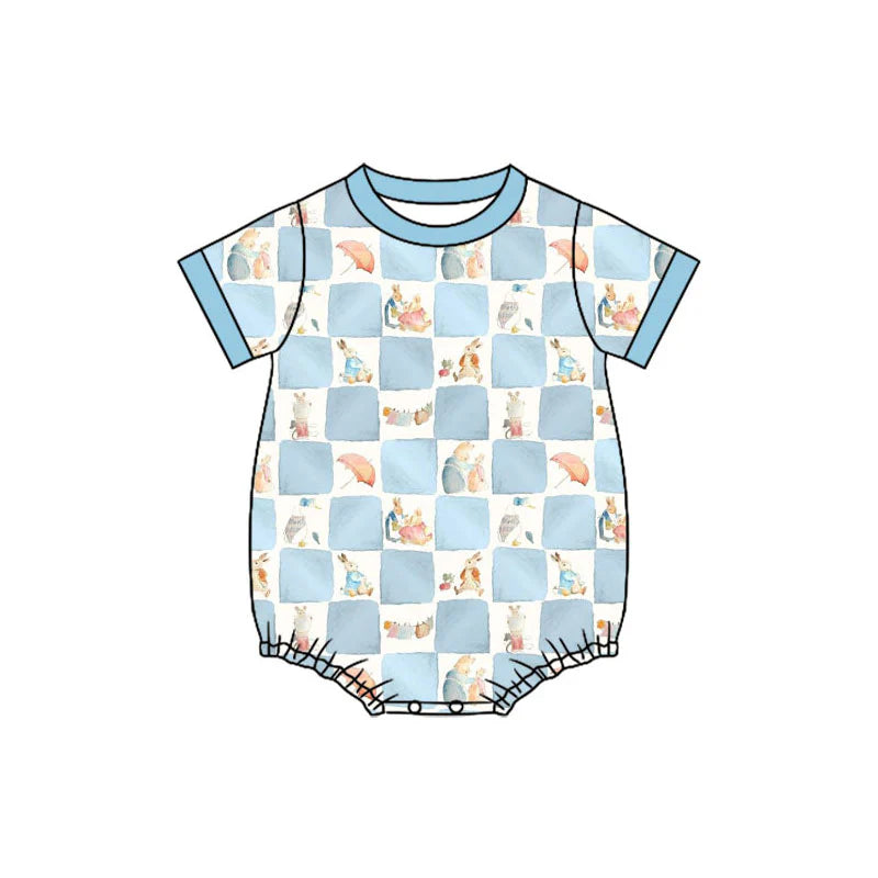 X11.15Preorder (moq 5)Baby Boys Short Sleeve Blue Checked Rabbits Easter Rompers
