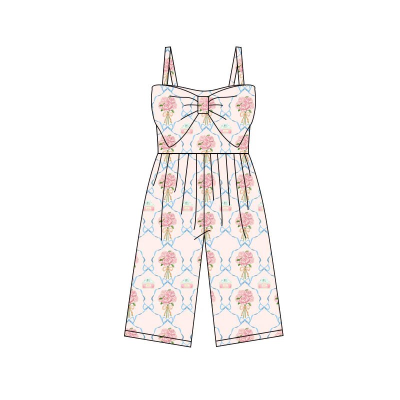 X11.25Preorder (moq 5)Baby Girls Pink Strap Bows Flowers Checked Pants Jumpsuits