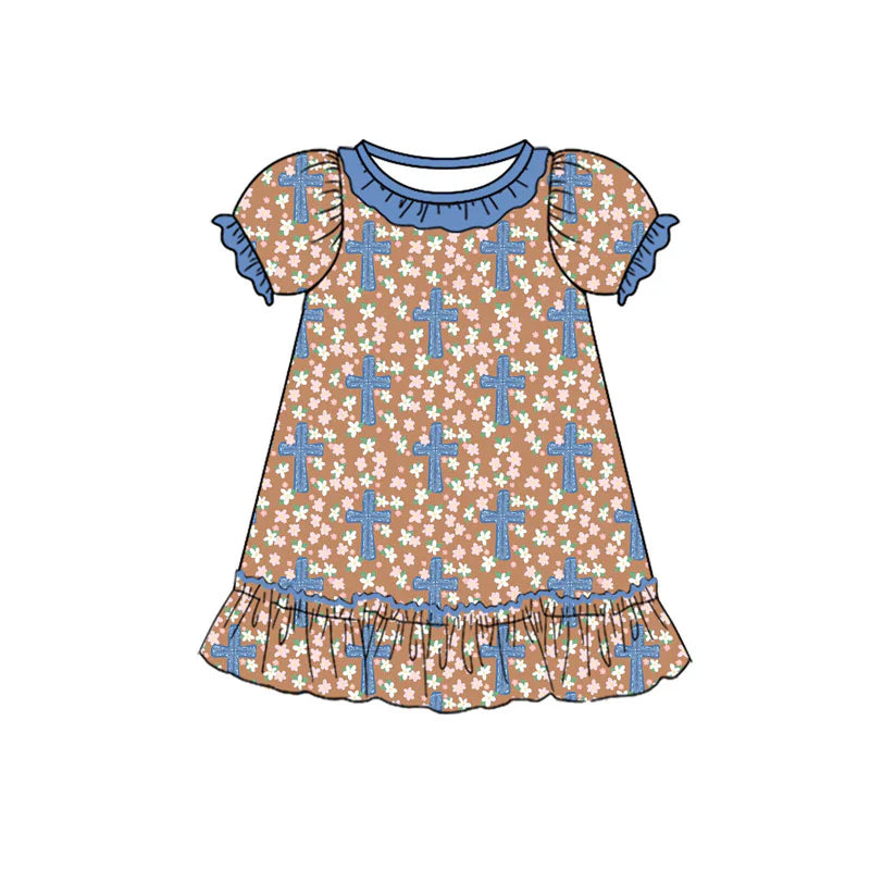X923Preorder (moq 5)Baby Girls Flowers Crosses Easter Ruffle Knee Length Dresses