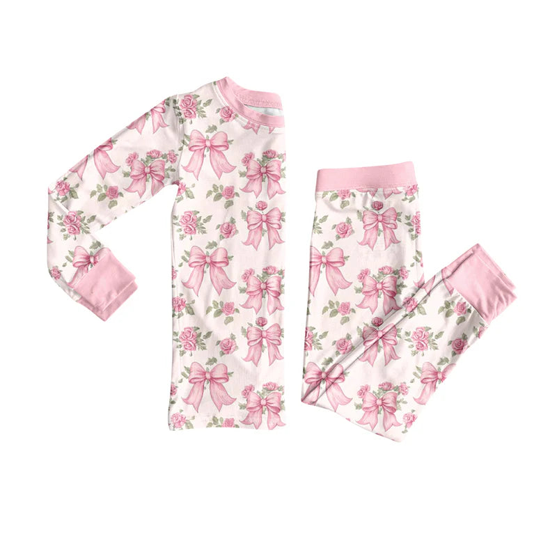 7.19Preorder (moq 5)Baby Girls Long Sleeves Pink Flowers Bows Plaid Top Pants Pajamas Set