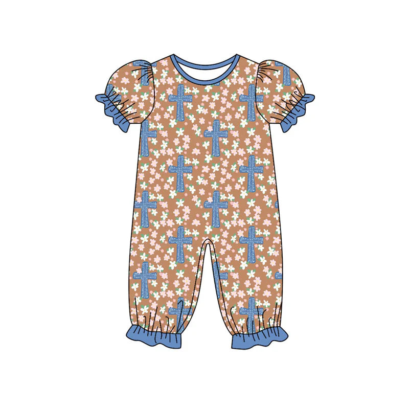 X922Preorder (moq 5)Baby Girls Flowers Crosses Easter Ruffle Footie Rompers