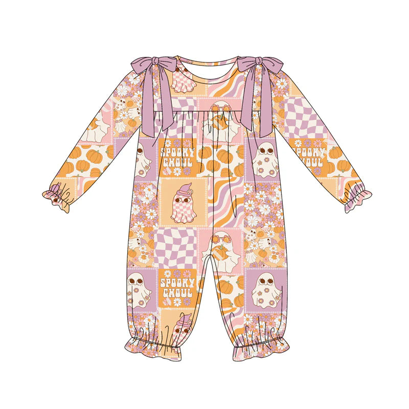 7.12Preorder (moq 5)Baby Girls Long Sleeves Ghosts Pumpkins Plaid Ruffle Pant Romper