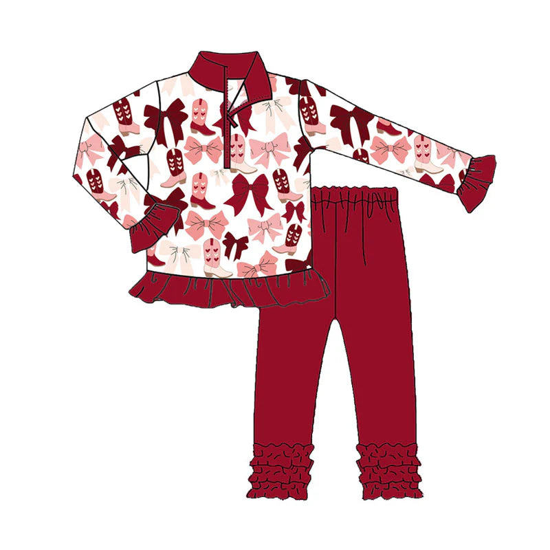 X909Preorder (moq 5)Baby Girls Red Pink Bows Boots Zipper Pullover Valentine Ruffle Leggings Clothes Sets