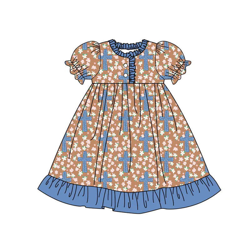 X923Preorder (moq 5)Baby Girls Flowers Crosses Easter Button Ruffle Knee Length Dresses