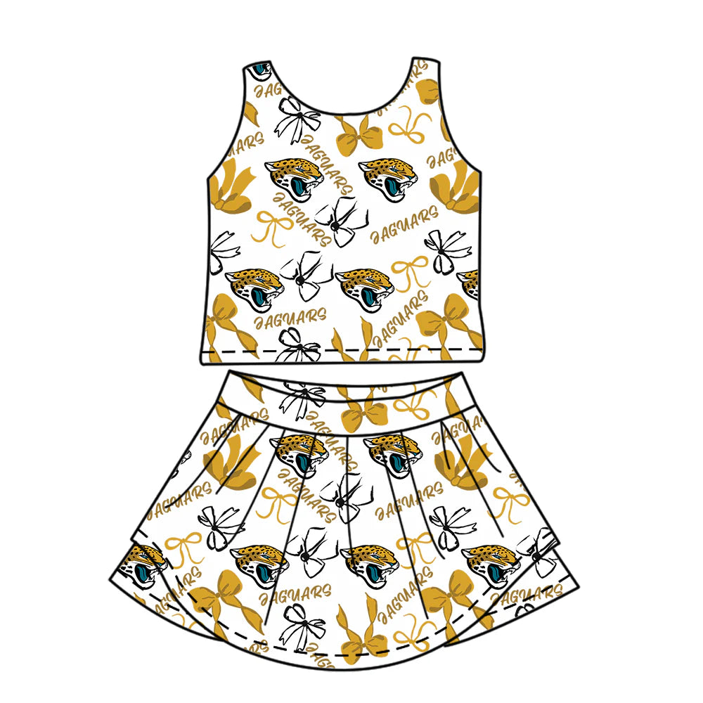 7.3Preorder (moq 5)Baby Girls Sleeveless Eaguars Bows Plaid Top Skorts Team Set