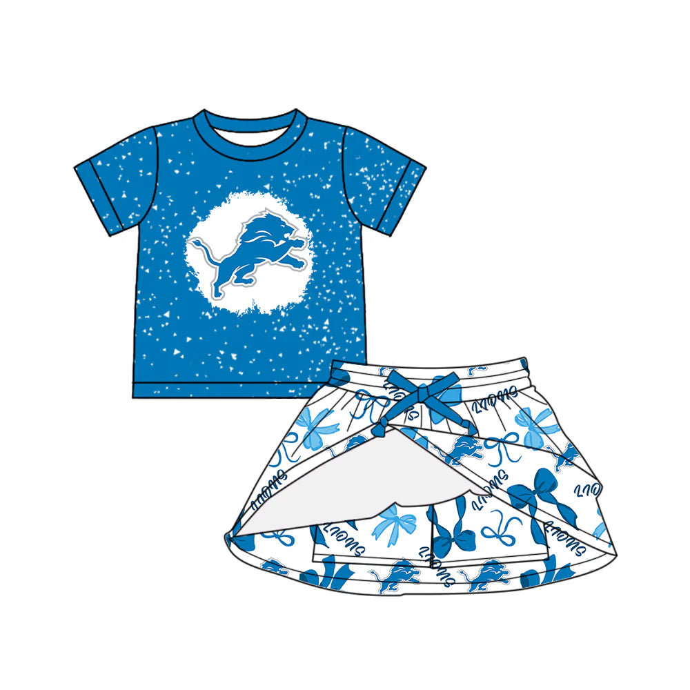 6.30Preorder (moq 5)Baby Girls Blue Short Sleeves Lions Top Bows Plaid Skorts Team Set