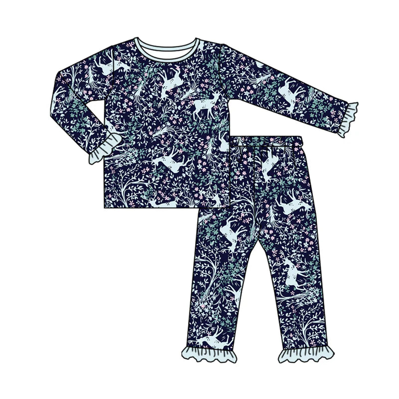 8.8Preorder(moq 5) Baby Girls Blue Floral Deer Button Top Pants Pajamas Clothes Set