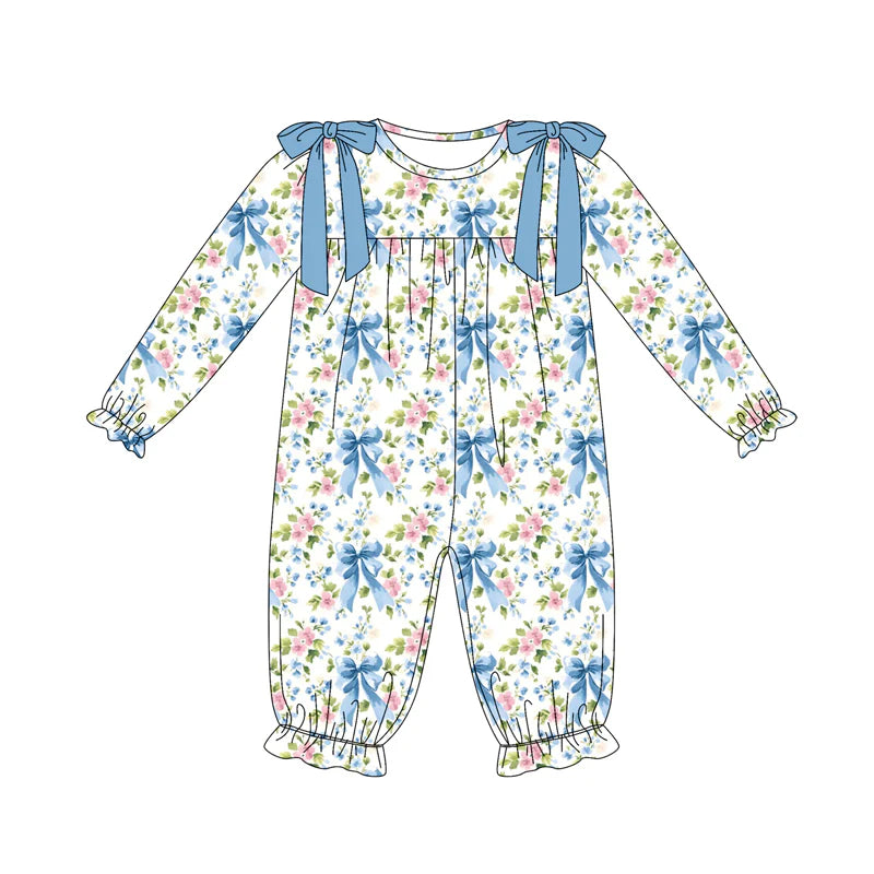 7.12Preorder (moq 5)Baby Girls Long Sleeves Blue Bows Floral Ruffle Pant Romper