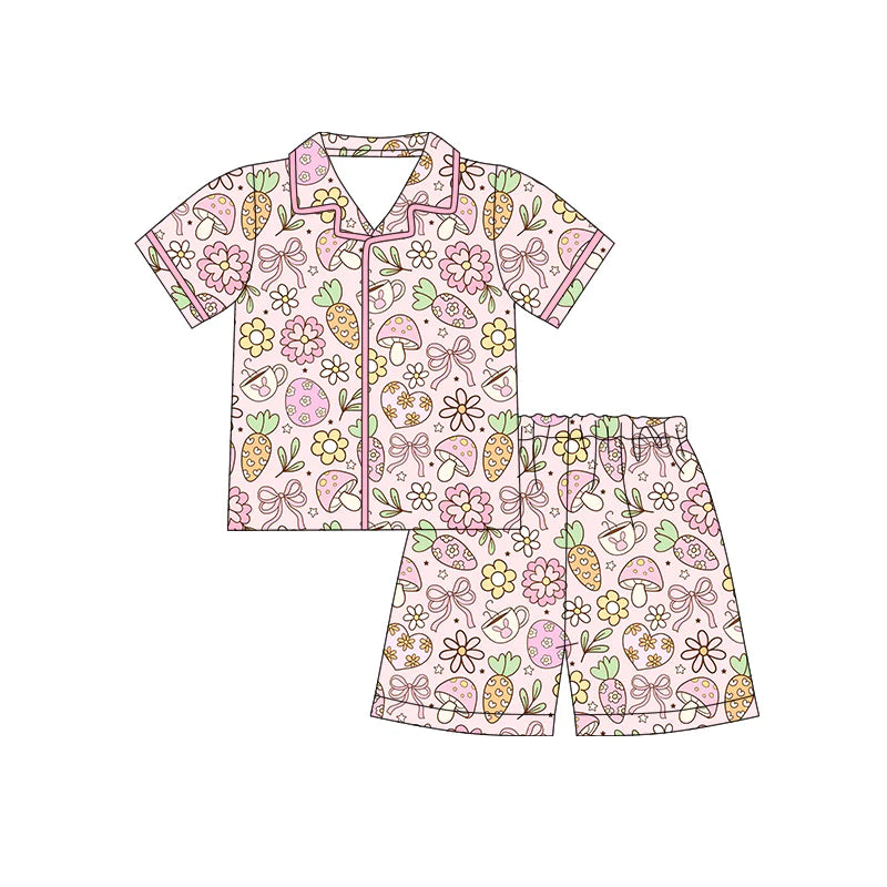 X12.18 Preorder (moq 5)Baby Girls Rabbits Cups Flowers Button Top Shorts Easter Pajamas Sets
