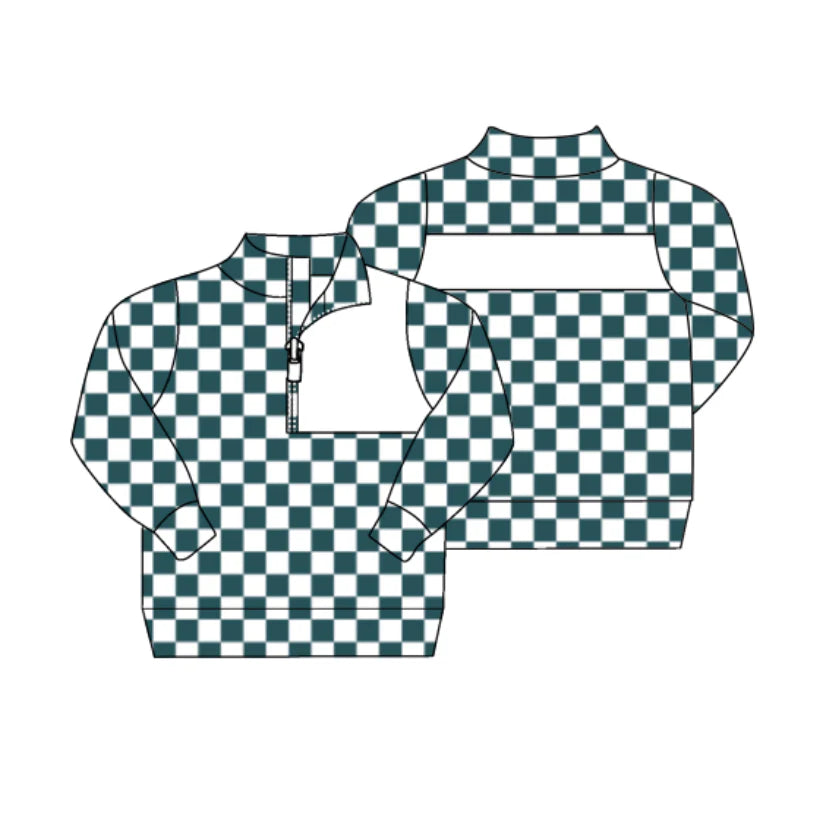 8.1preorder(moq 5) Baby Boys Green Checked Zipper (Custom Pattern) Team Pullover Jackets Tops