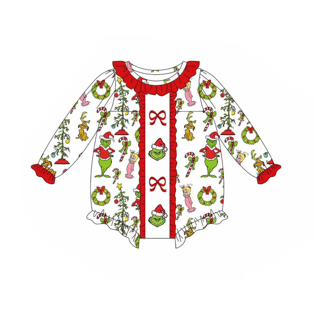 X904Preorder(moq 5)Baby Girls Green Face Candy Cane Christmas Ruffle Rompers