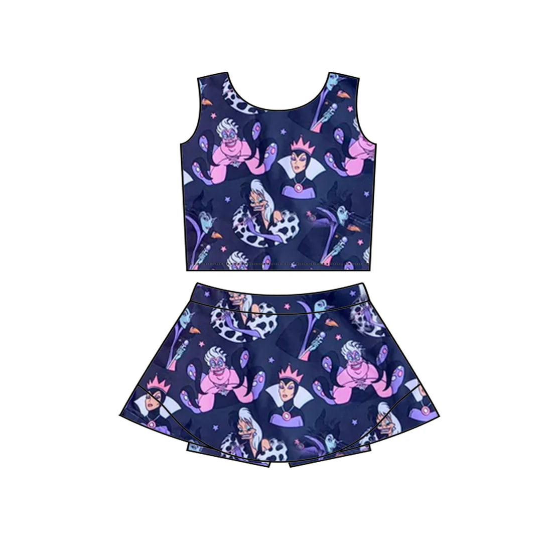 7.22Preorder (moq 5)Baby Girls Sleeveless Cartoon Queen Snakes Vest Top Skorts Set