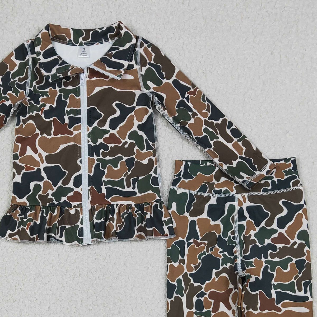 GLP2992 Baby Girls Dark Brown Camo Ruffle Zip Jacket Leggings Yoga Active Clothes Sets