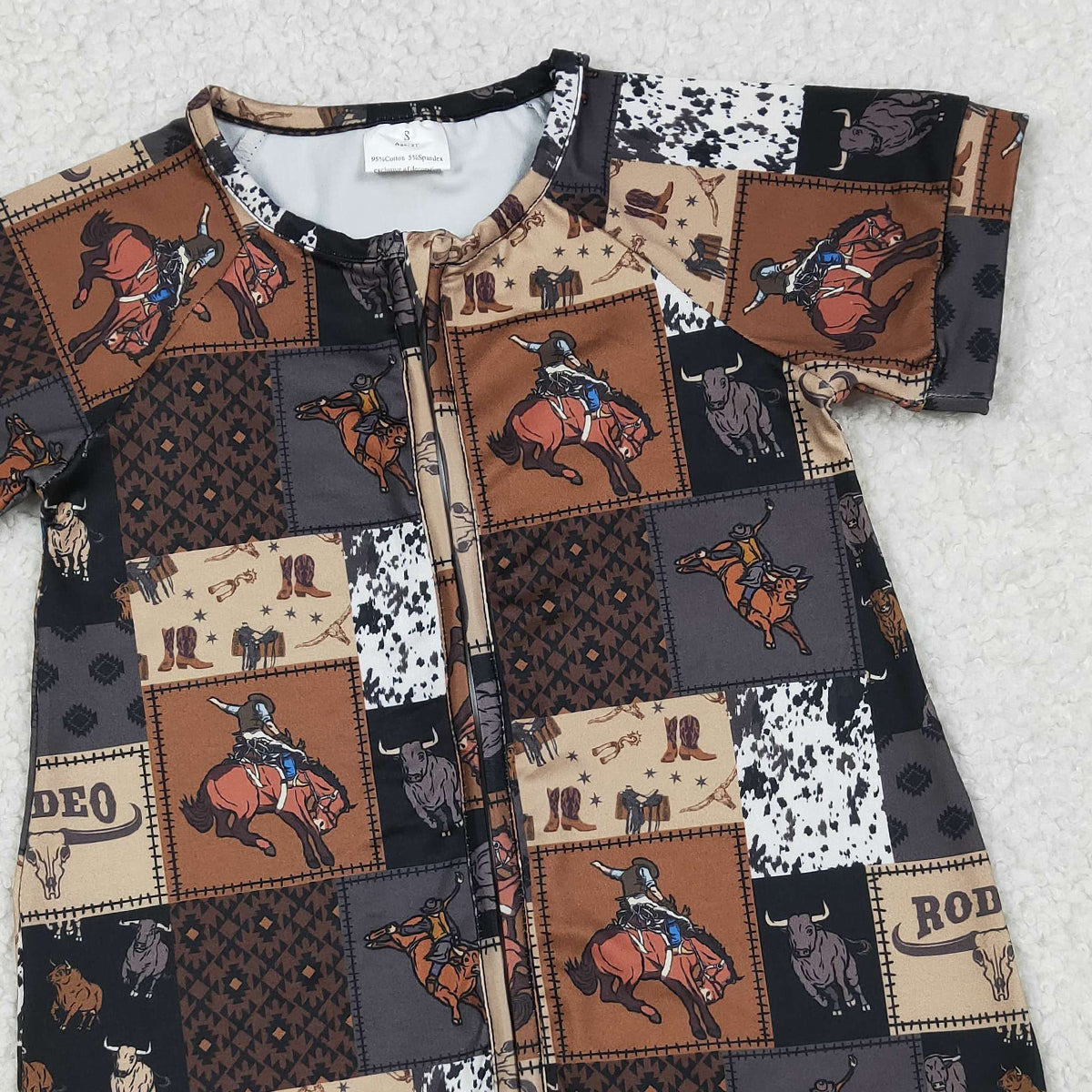 SR3545 Baby Boys Horse Rodeos Aztec Checked Western Zipper Rompers