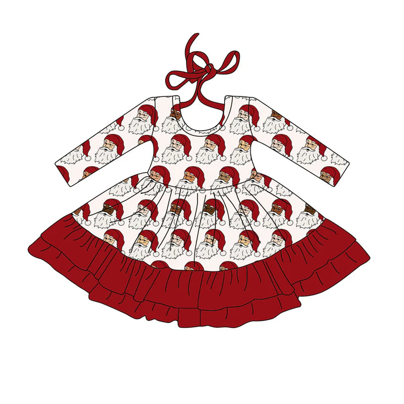7.23Preorder (moq 5)Baby Girls Long Sleeves Red Santa Plaid Ruffle Knee Length Dresses