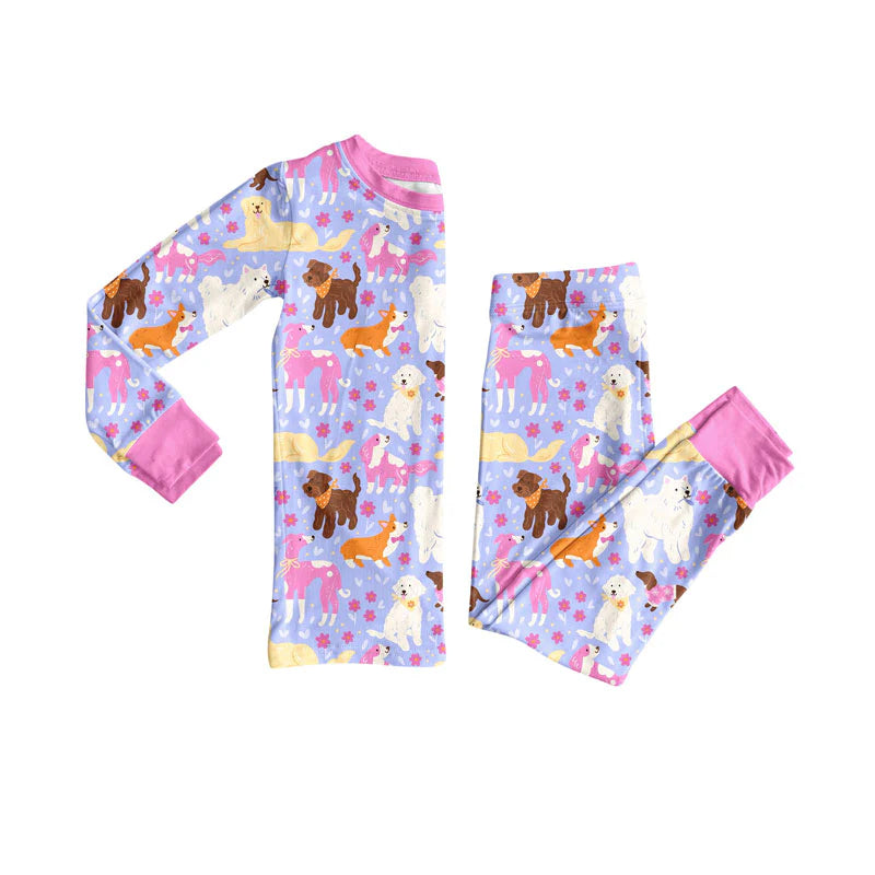 X924Preorder (moq 5)Baby Girls Flowers Dogs Top Pants Valentine Pajamas Sets