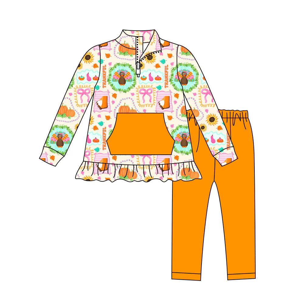 7.21Preorder (moq 5)Baby Girls Long Sleeves Turkey Pumpkins Pocket Zipper Top Legging Pants Set
