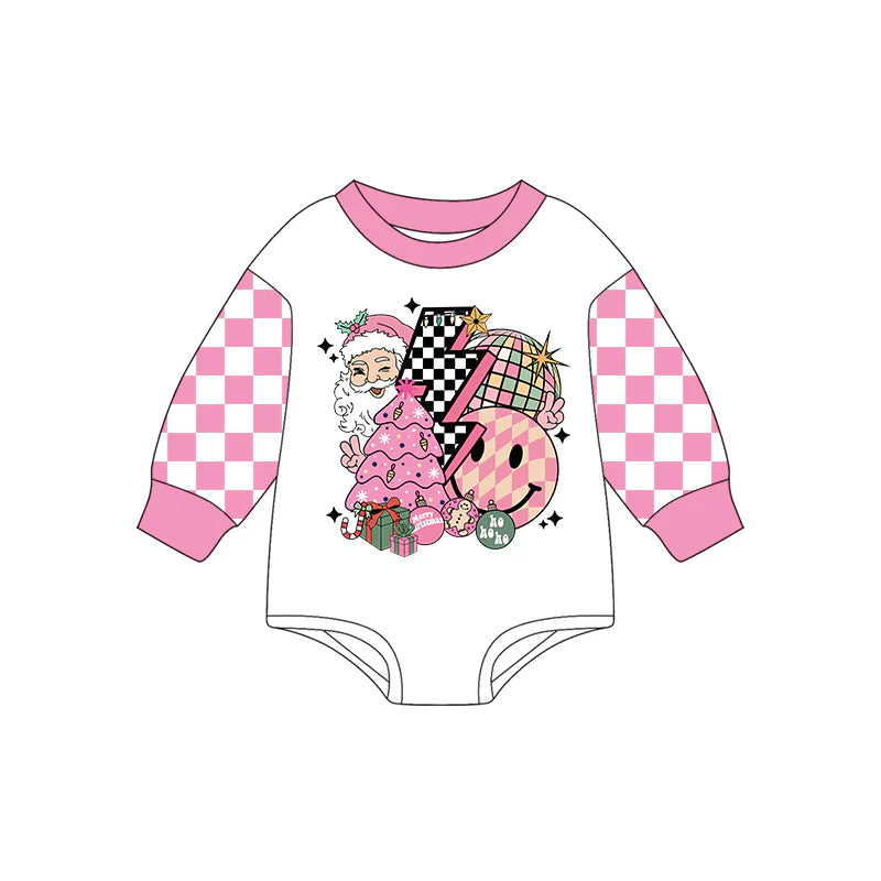 7.19Preorder(moq 5)Baby Girls Pink Plaid Long Sleeves Santa Light Rompers