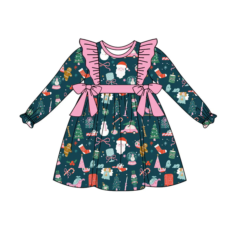 7.11Preorder (moq 5)Baby Girls Long Ruffle Sleeves Bows Gift Santa Plaid Knee Length Dresses