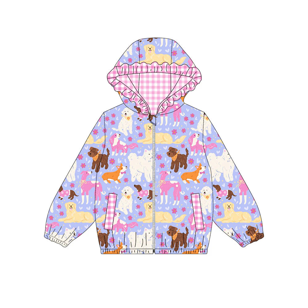 X923Preorder (moq 5)Baby Girls Flowers Dogs Pockets Zipper Valentine Ruffle Hoodies Jackets Top