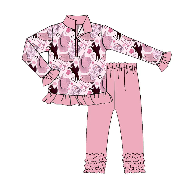 X106Preorder (moq 5)Baby Girls Hats Horse Rodeos Zipper Pullover Ruffle Leggings Western Clothes Sets