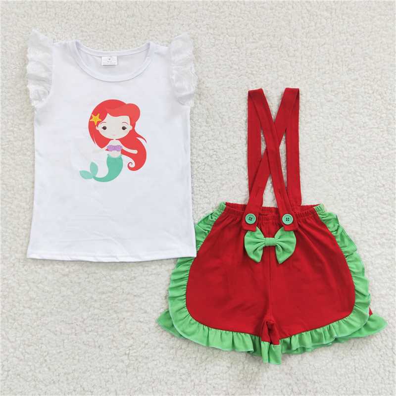 Princess Mermaid girls overall shorts set kids clothes