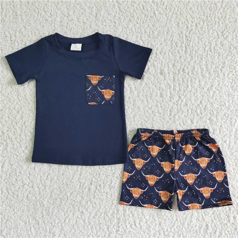 BSSO0035 Boys Navy Pocket Short Sleeve Alpine Cow Shorts Suit