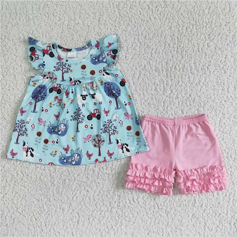 girls outfits farm t-shirt & pink shorts sets summer kids clothes