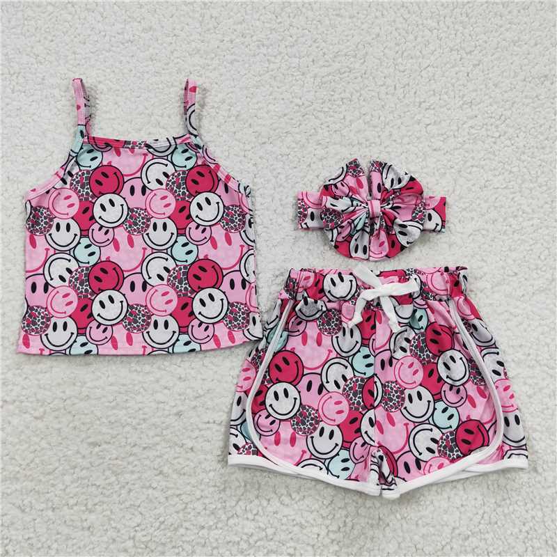 smiley face hippie girls vest & shorts sets kids clothes