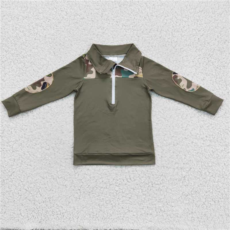 BT0098 Boys camouflage tank green zip-up long-sleeved top