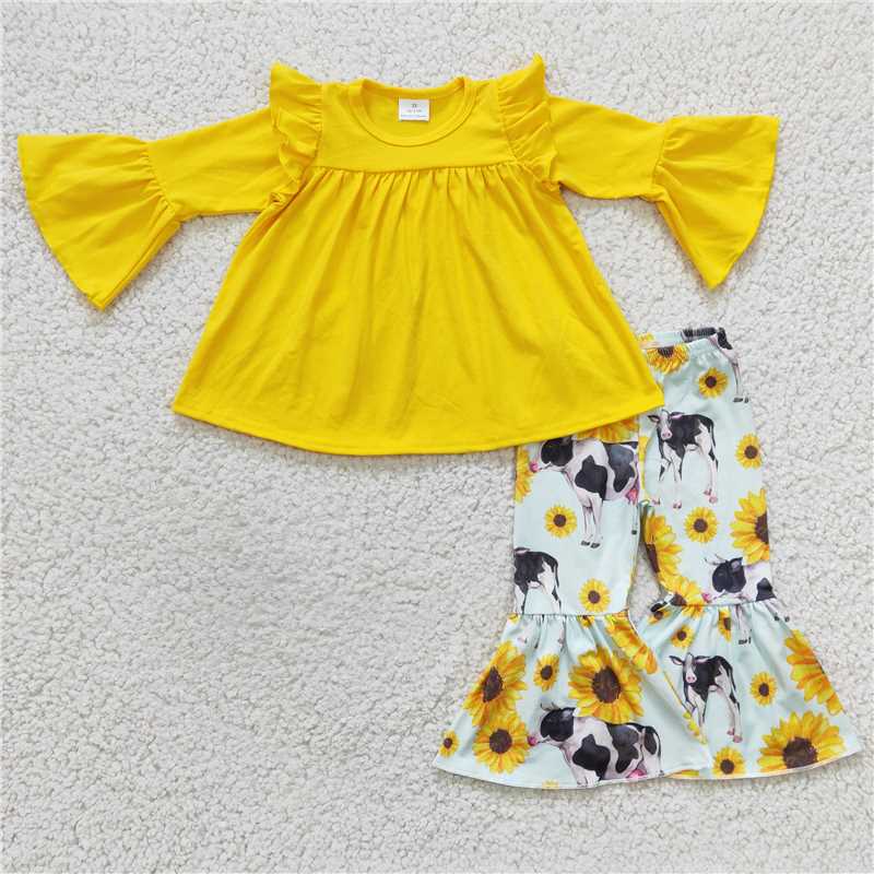 GLP0374 Girls' yellow cow sunflower long-sleeved trousers suit