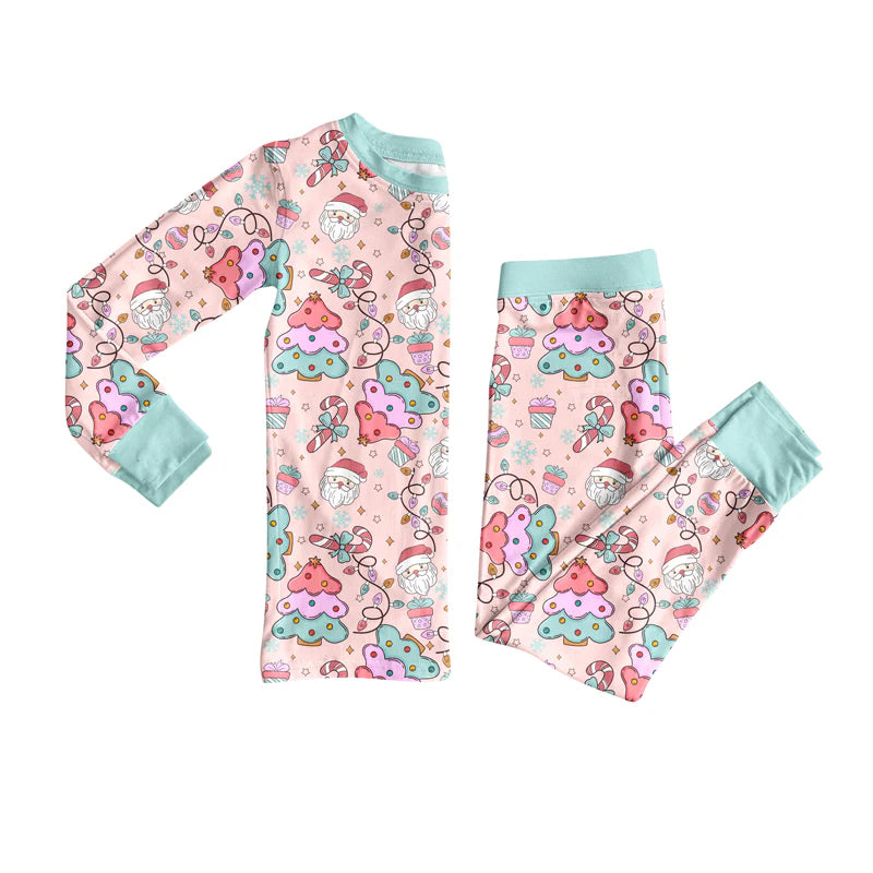 7.23Preorder (moq 5)Baby Girls Long Sleeves Christmas Trees Santa Top Pants Pajamas Set