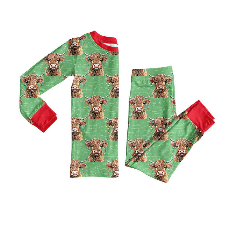 X923Preorder (moq 5)Baby Boys Lights Highland Cows Top Pants Christmas Pajamas Sets