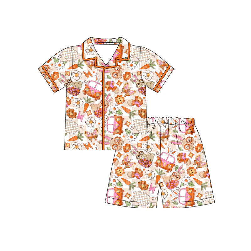 X12.18 Preorder (moq 5)Baby Girls Rabbits Bus Flowers Button Top Shorts Easter Pajamas Sets