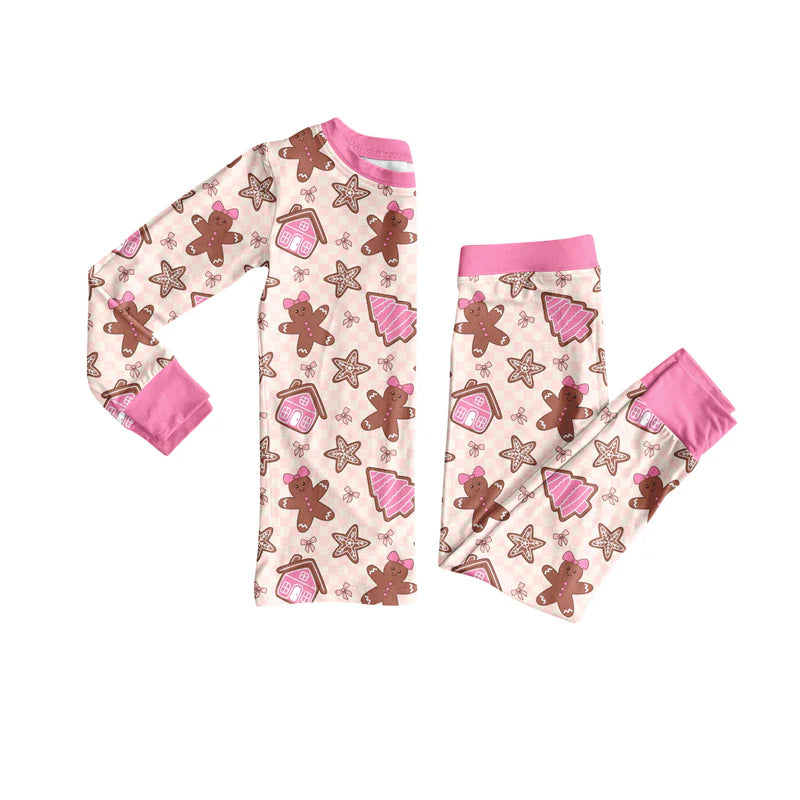 7.9Preorder (moq 5)Baby Girls Long Sleeves Pink Gingerbread Trees Top Pant Pajamas Clothes Set