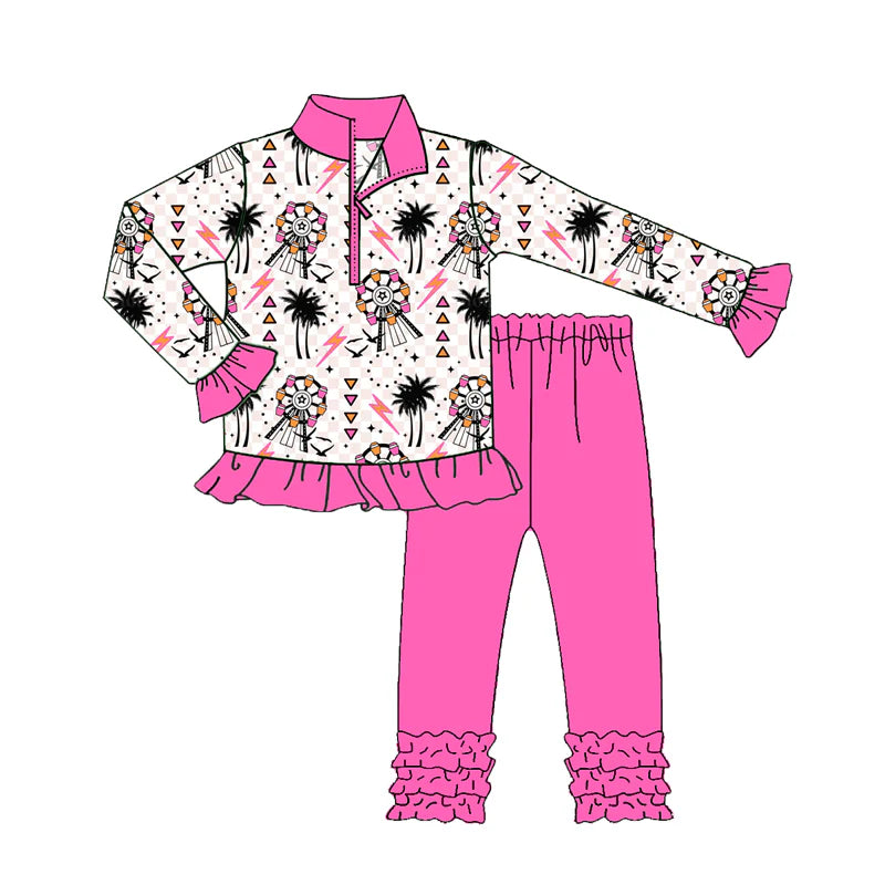 8.1preorder(moq 5) Baby Girls Long Sleeves Pink Windmills Beach Zipper Top Legging Pants Set