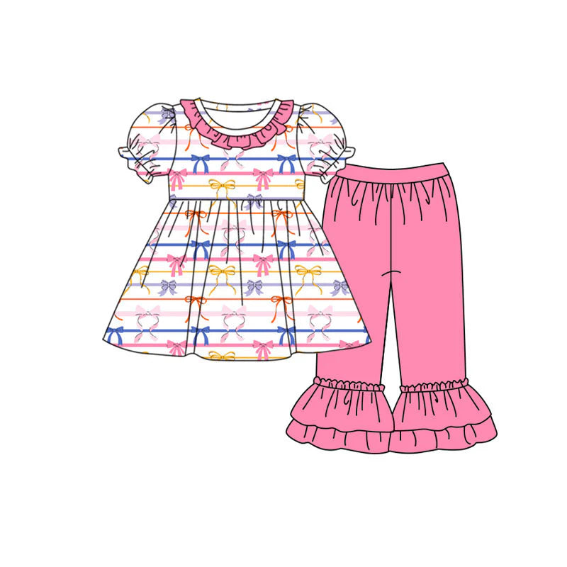 X920 Preorder (moq 5)Baby Girls Colorful Bows Stripe Tunic Ruffle Pants Clothes Set