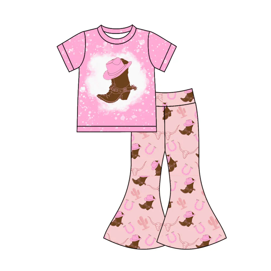 X1.15 Preorder (moq 5)Baby Girls Hat Boots Bulls Skulls Top Bell Bottom Pants Western Clothes Sets