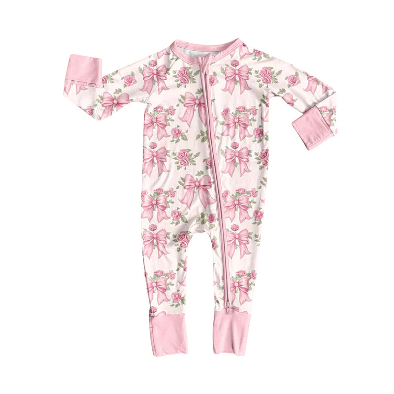 7.19Preorder(moq 5)Baby Kids Pink Flowers Bows Plaid Zipper Pant Rompers