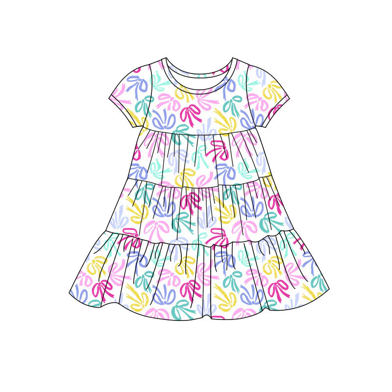 X11.20Preorder(moq 5) Baby Girls Colorful Bows Patchwork Ruffle Knee Length Dresses