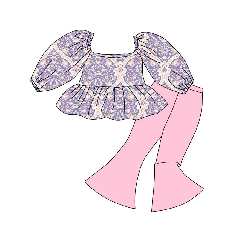 X12.16 Preorder (moq 5)Baby Girls Pink Rabbits Floral Ruffle Tunic Bell Bottom Pants Easter Clothes Sets