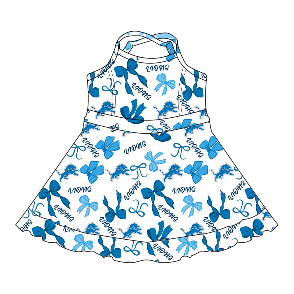 6.30Preorder (moq 5)Baby Girls Blue Straps Lions Bows Plaid Ruffle Shorts Team Knee Length Dresses