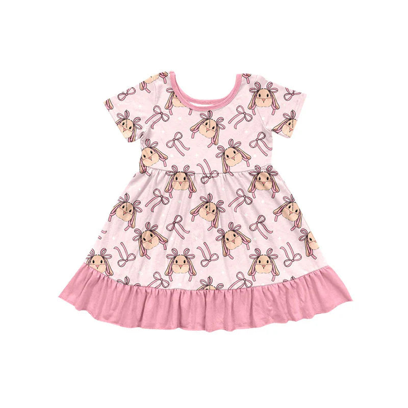 X923Preorder (moq 5)Baby Girls Short Sleeve Pink Bows Rabbits Ruffle Easter Knee Length Dresses